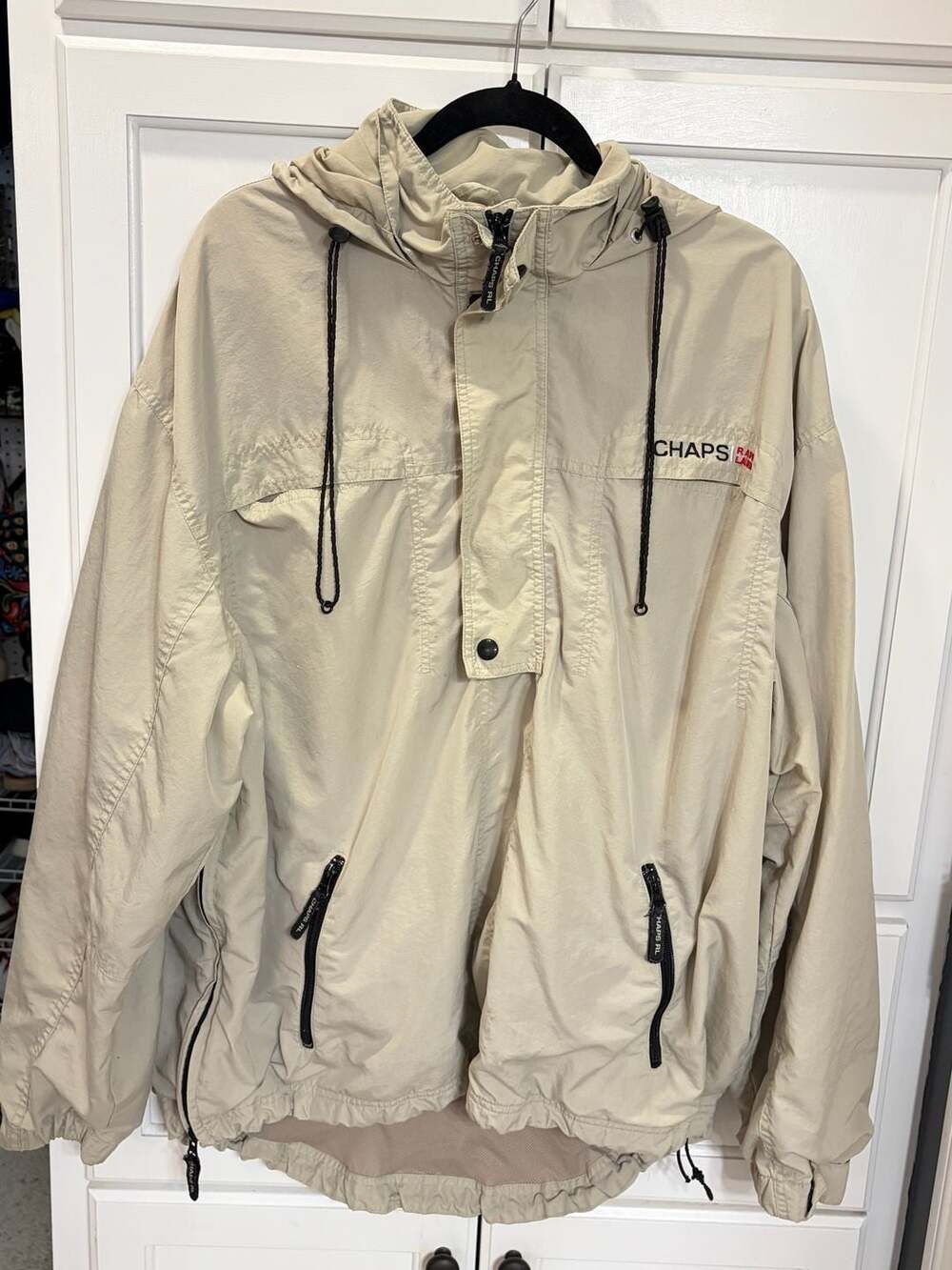 Vintage Chaps Ralph Lauren Beige Half Zip Anorak Hooded Windbreaker Jacket